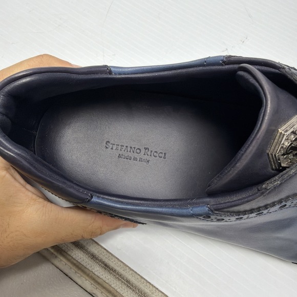 Stefano Ricci Dress Shoes Mens 9.5 Calf leather Blue Wingtip Crest Made In Italy main image 7